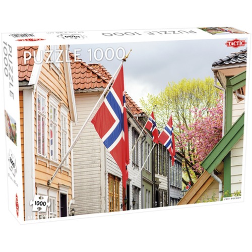 Puzzle 1000 Around the World. Northern Stars Street in Bergen with Norwegian Flags