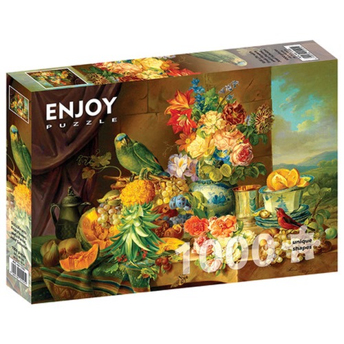 Puzzle 1000 el. Martwa natura z owocami, kwiatami i papugą, Josef Schuster