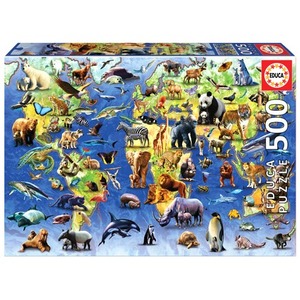 Puzzle 500 el. Mapa świata (100 zagrożonych gatunków zwierząt)