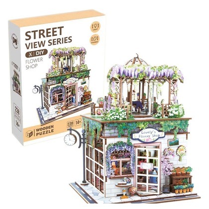 Uliczny zakątek drewniane puzzle 3D kwiaciarnia